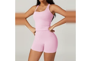 Bubblegum Pink Athletic Set Yoga Shorts Sports Bra Workout Two Piece High Waist Training Exercise Outfit