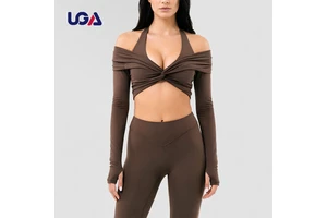 Custom Women Contrast Stitching Twist Deep V Soft Ballet Gym Workout Activewear Long Sleeve Crop Yoga Wrap Top