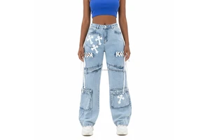 Y2K Hip Hop Streetwear Casual Summer Women's Denim Baggy Jeans High Waist Loose Cargo Pants Cross Patch Lace-up Ribbon Colored