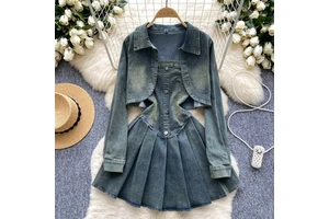 Women's Sets Fall Solid Full Sleeve Coat Casual Denim Set