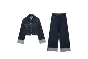 Custom Women's Denim Sets Jean Two Piece Set for Women Wide Leg Jeans Set