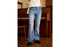 LTD-MTR1012 Heavyweight Denim Source New Design Multi-Seam Paneled Slim Flare Fit Stacking Hem Blue Men's Denim Jeans