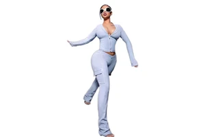 KY Women's Tight Stretch Denim Matching Set Zipper Jacket and Cargo Pants Y2K Casual Co-ords