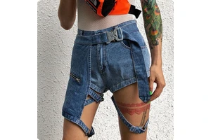 New Design Summer Street Style Edgy Look Slouchy Fit Sexy Denim Strap on Leg High-Waisted Utility Denim Shorts Women