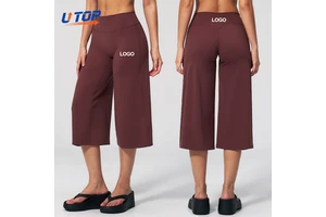 Custom Logo Brushed Yoga Calf-Length Pants Women High Waist Elastic Waist Quick Dry Wide Leg Pants for Gym Pilates Baggy Pants