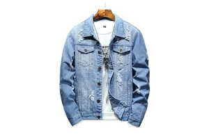Custom Blue Ripped Mens Denim Jacket Wholesale Distressed Fashion Boys Denim Jacket Men