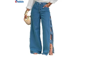 Women Jeans High Waist Loose Casual Trouser Women's New Hollow Split Handmade Dimensional Flower Jeans Denim pants for women