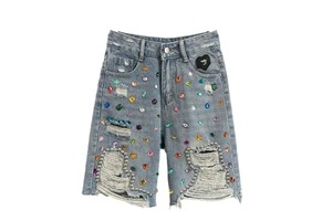 SMO Women's Summer Denim Shorts Plus Size Slim Fit Handmade Beaded Diamond Shorts High Waist Jean Shorts Tassels Vintage Casual