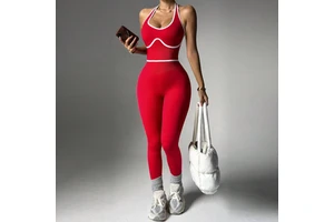 Women's Breathable Lightweight Full-Length Spandex/Nylon Color Blocking Halter Backless Yoga Jumpsuit Tummy Control Sports