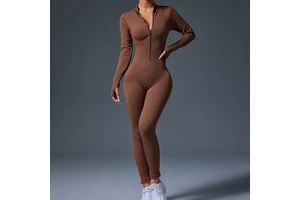 Popular Thick-Threaded Sports Jumpsuit for Women Zipper Thumb Holes Tight-Fitting Long-Sleeved Stand-Up Collar Yoga