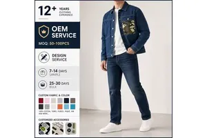 Men's Set Casual Denim Jacket Long-Sleeved Lightweight Windproof Eco-Friendly Regular Fit Front Pockets Breathable Button Fly