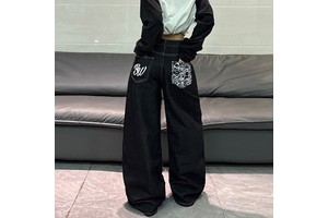 Custom Embroidered Women's Wide Leg Denim Jeans High Street Hip Hop Inspired Loose High Waist Color Fade