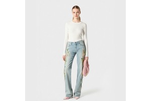 Chic Casual Vintage Streetwear Denim Breathable Spring Women's Jeans Trousers Mid Waist Tassel Side Light Blue Straight