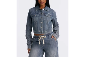 Women Herringbone Textured Denim Jacket Cropped Blue Vintage Wash Streetwear Wholesale Chevron Pattern Outerwear Coat Retro