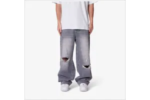 High Quality Men's Denim Jeans Baggy Straight Leg High Street Style Cotton Spandex Quick Dry Destroy Wash Appliques Foil Print