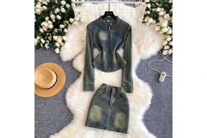 Women's Casual Sets Top And High Waist Slim Denim Suit Ropa Wholesale