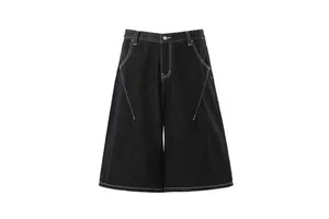 High Street American Unisex Premium Mid Waist Raw Denim Shorts Deconstructed Design Men's Loose Cropped Casual Breathable Pants