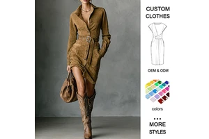 Wholesale Western Retro Denim Casual Single-Breasted Elastic Waist Front Solid Midi Long Sleeves Plain Dyed Asymmetrical Hem