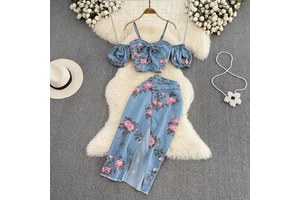 Women 2 Piece Set Denim Fashion Suit Women Spicy Girls Chic Halter Top Two-piece High Waist Irregular Split Skirt Summer S M L