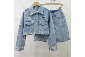 Wholesale Spring 2026 New Fashion Casual Heavy Industry Denim Personality Long Sleeve Denim Jacket Middle Pants Women's Suit