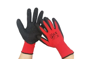 13G String Knit Red Work Safety Gloves Polyester Nylon Rubber Dipped Latex Wrinkle Crinkle Palm Coated Durable Anti-Cut Guantes