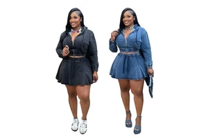 Women's Denim Two Piece Set Jeans Hooded Zip up Jacket and Pleated Mini Skirt Women's Summer Two-piece Set