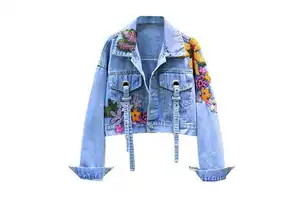 Custom Women's Denim Jackets With All-Over Floral Embroidery Breathable Solid Pattern for Autumn Season