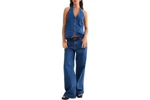 Fisoew Women's Denim Set Button Down Backless Sleeveless Tank Top Wide Leg Jeans 2 Piece Outfit Cotton Stonewashed
