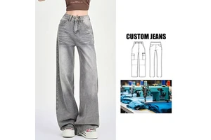Brand Customization Women's Charcoal Gray Washed Straight Leg Jeans Loose High Waisted Slimming Wide Leg Denim Pants