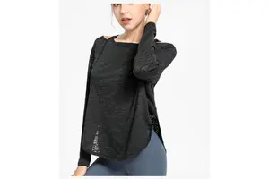 ZONA Loose Plus Size Striped Long Sleeve Quick Dry Fitness Coat Yoga Tank Top & Running Cover-up with Criss Cross Neck