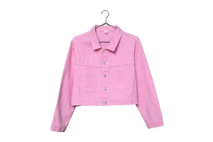 Women's Short Denim Jacket with Leopard Print Button Details Pockets-Pink/Yellow Casual Autumn Outerwear Skinny Fit