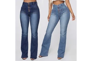 Women's Button-Fly Wide Leg Jeans Classic Washed Denim Trousers with Breathable Feature Casual Loose Fit for Summer