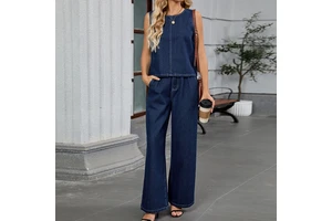 Channel Fashion 2025 Denim Work Outfits Washed Seam Details Sleeveless Boxy Denim Tank Top and Wide Leg Women Jean Pant Suits