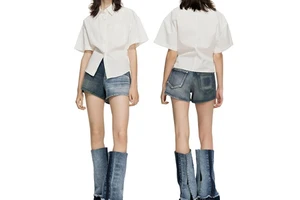 Casual Women Color-Contrast Patchwork Blue Washed 100% Cotton Denim Jean Shorts