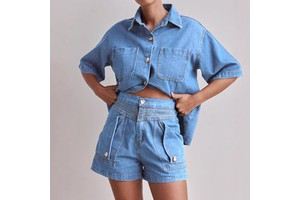 2025 Europe and the United States Women's Casual Retro Loose Shirt Denim Shorts Suit