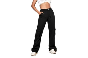 Women's High Rise Black Denim Jeans 6-Pocket Cargo Stretch Fabric Plating Eco-Friendly Durable Modern Clean Look Solid High