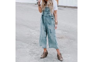 Holiday Lady Street Wear Western Style Design Patch Pockets Wide Legs Distressed Ripped Denim Jeans Jumpsuit Overall for Women