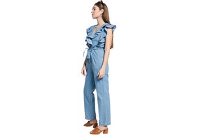 Ruffles V-neck Sleeveless Denim Blue Jeans Regular Causal Fitting Comfortable Cutout Jumpsuit Women Belt Decoration