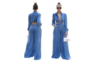 2026 Trendy Denim Suit Outfits for Women Casual Blouse and Wide Leg Pants Denim Jeans Set 2 Piece Denim Sets for Women