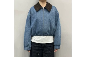 Customize Fashion Luxury Loose Suede Knitted Leather Collar Short Denim Coat Zip High Quality Women Cropped Denim Jacket