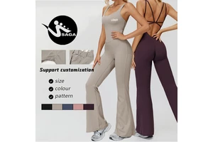Custom Sportswear Flared One-Piece Cross Back Dance Pilates Running Workout Fitness Sports Jumpsuit for Women