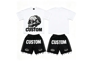 Men's Two Piece Set DTG Printed Graphic Cotton Acid Washed Tees Set Distressed Graphic Sleeveless T-shirt Denim Shorts Casual