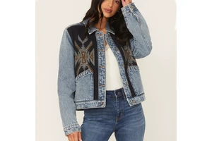 LARSUR Custom Factory Patchwork Blanket Jacquard Denim Jacket Western Distress Wash Button up Jean Jacket for Women