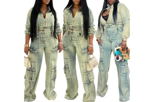 N8182-High Elasticity Multi Pocket Trousers Jacket Washed Denim Casual Two Piece Suit Jeans Sets for Women Clothing