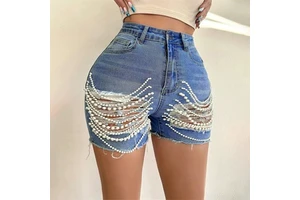 High Quality Custom Heavyweight Summer Button Washed Beading Denim Material Sports Shorts Women's Denim Jean Pour Femme