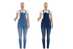 Hot Sale Denim Overalls Women Casual Daily Jumpsuit Solid Holes Straps Tight Calf Jeans Women's Long Pants