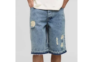 Custom Men's Mid Waist Baggy Denim Shorts Ripped Distressed with Embroidery Straight Style Light Wash Party Casual Summer