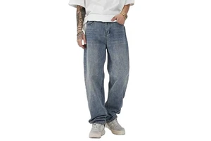 High Quality 100% Cotton Denim Patchwork High Street Straight Baggy Jeans Men Loose Fit Distressed White Mid Waist Plus Size