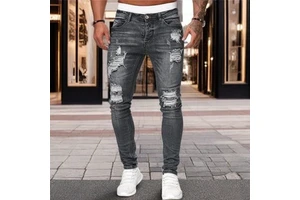 Wholesale 2026 Men's Ripped Skinny Jeans Y2K Streetwear Distressed Slim Fit Denim Pants Custom Logo Mid Waist Stretch Trousers