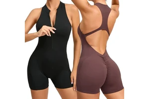Sexy Gym Sports Outfit Jumpsuits Playsuits Zip Cut Out Back One Piece Shorts Jumpsuit Romper Fitness Yoga Wear